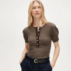 Perfect rib puff-sleeve henley shirt
