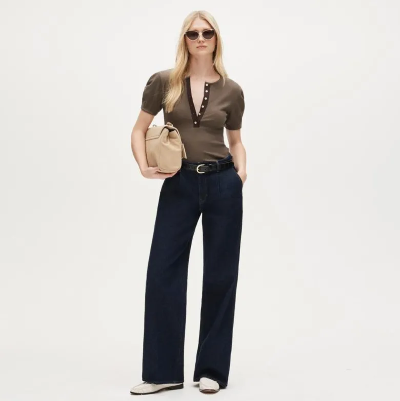 Perfect rib puff-sleeve henley shirt