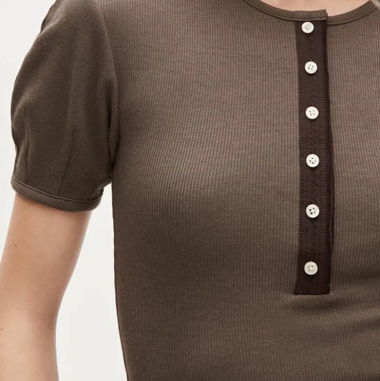 Perfect rib puff-sleeve henley shirt