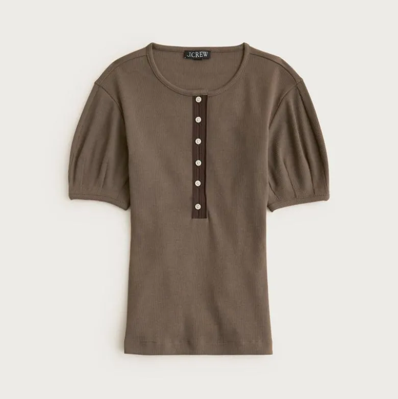 Perfect rib puff-sleeve henley shirt