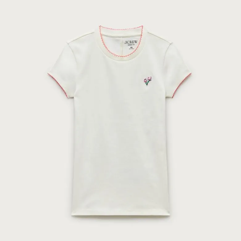 Perfect-fit crewneck T-shirt with flower embroidery