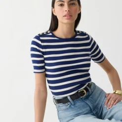 Perfect-fit elbow-sleeve T-shirt in stripe with gold buttons