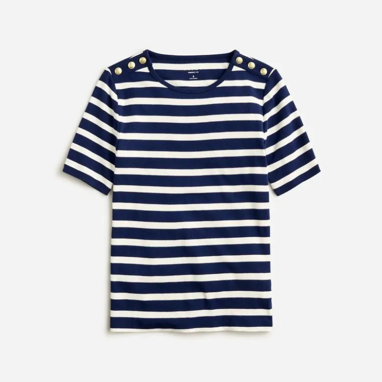 Perfect-fit elbow-sleeve T-shirt in stripe with gold buttons