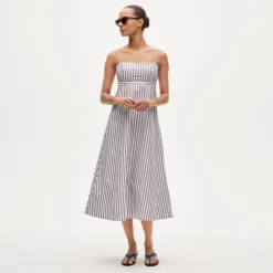 Petite empire-waist dress in striped cotton poplin
