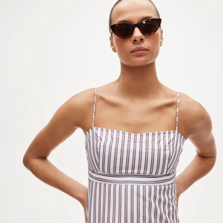 Petite empire-waist dress in striped cotton poplin