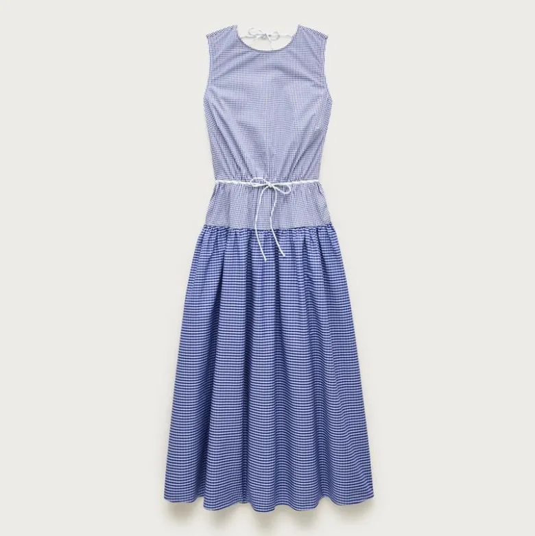 Petite open-back mixy dress in gingham cotton-blend poplin