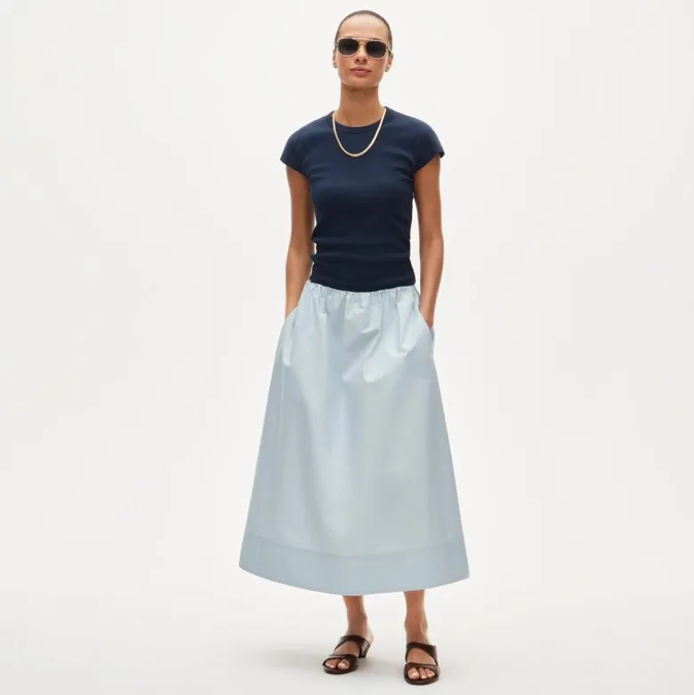 Petite pull-on midi skirt in cotton poplin