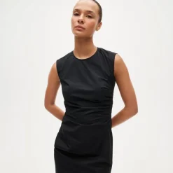 Petite ruched midi dress in stretch cotton-blend poplin