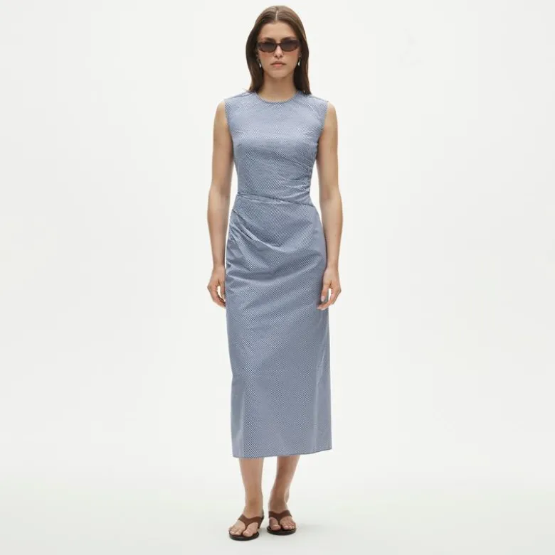 Petite ruched midi dress in stretch cotton-blend poplin