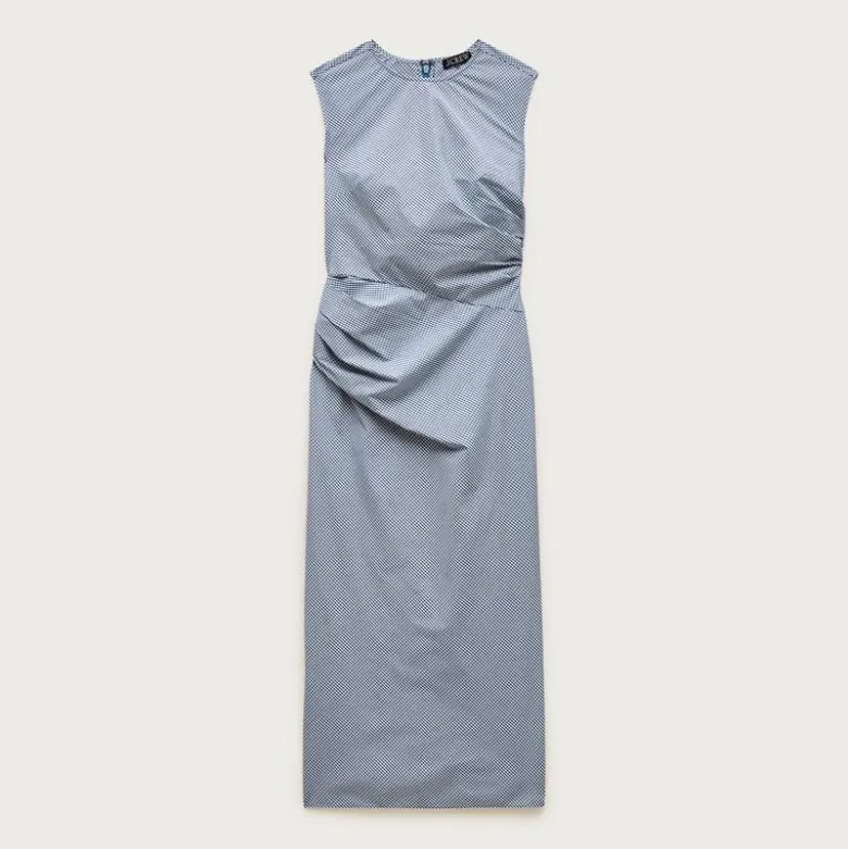 Petite ruched midi dress in stretch cotton-blend poplin