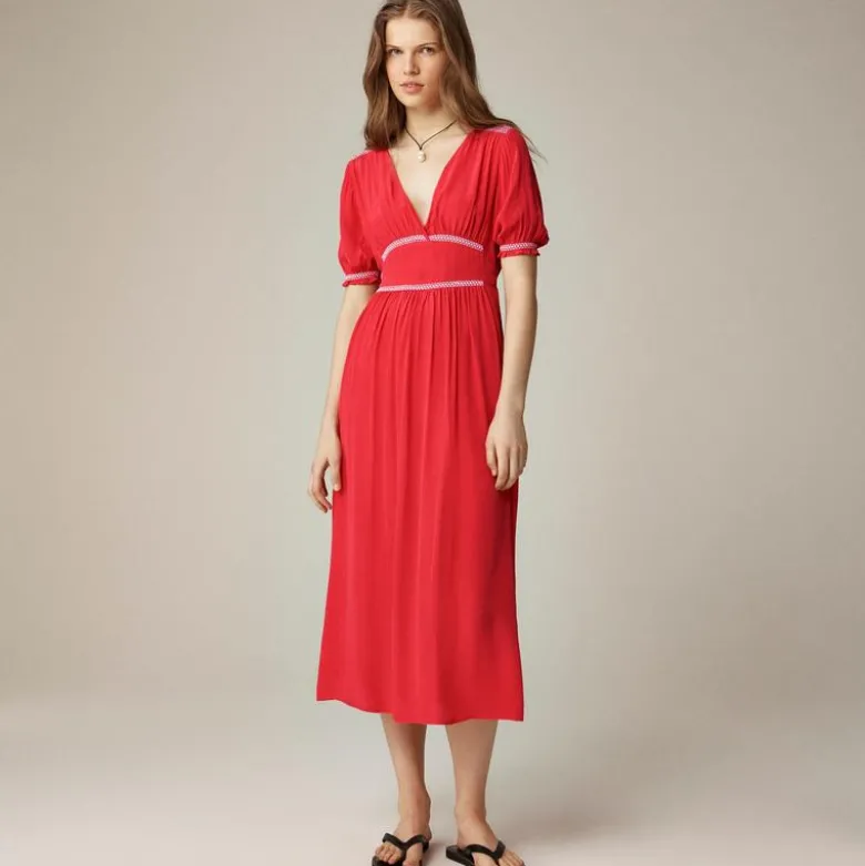 Petite smocked-trim maxi dress in crepe de chine