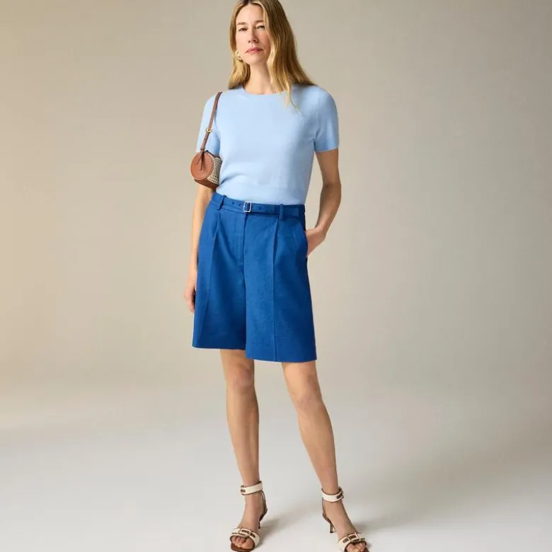 Pleated 9" trouser short in stretch linen blend