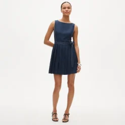 Pleated contrast-stitch side-tie mini dress in linen blend