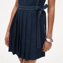 Pleated contrast-stitch side-tie mini dress in linen blend