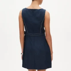 Pleated contrast-stitch side-tie mini dress in linen blend