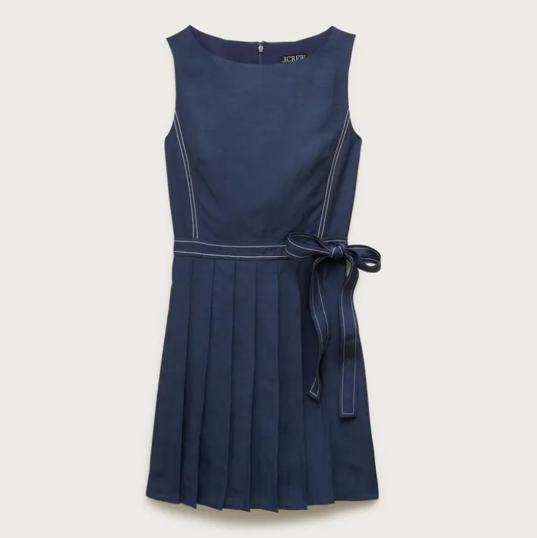 Pleated contrast-stitch side-tie mini dress in linen blend