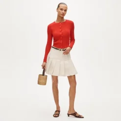 Pleated denim mini skirt in ecru