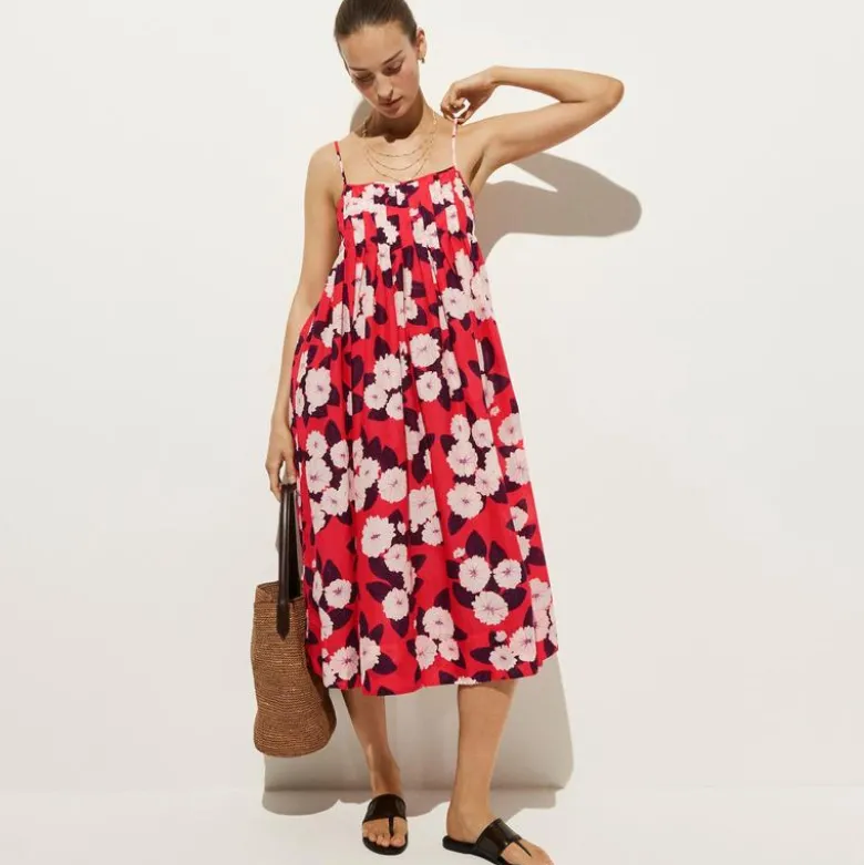 Pleated empire-waist dress in peony print