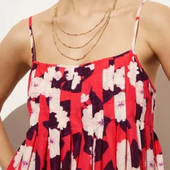 Pleated empire-waist dress in peony print