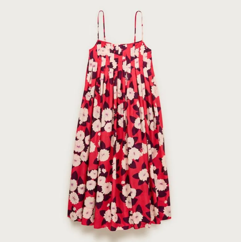 Pleated empire-waist dress in peony print