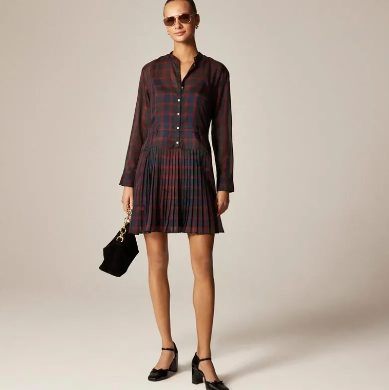 Pleated shirt-dress in Stewart tartan print