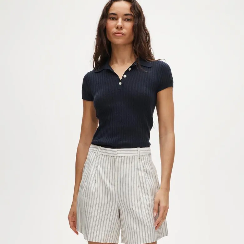 Pleated trouser short in striped stretch linen blend