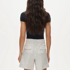 Pleated trouser short in striped stretch linen blend