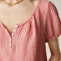Puff-sleeve henley in striped gauze