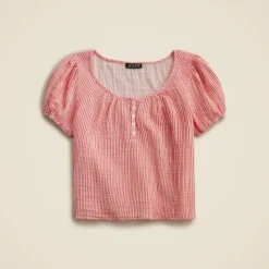 Puff-sleeve henley in striped gauze