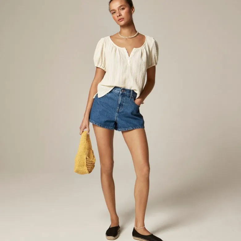 Puff-sleeve henley in striped gauze