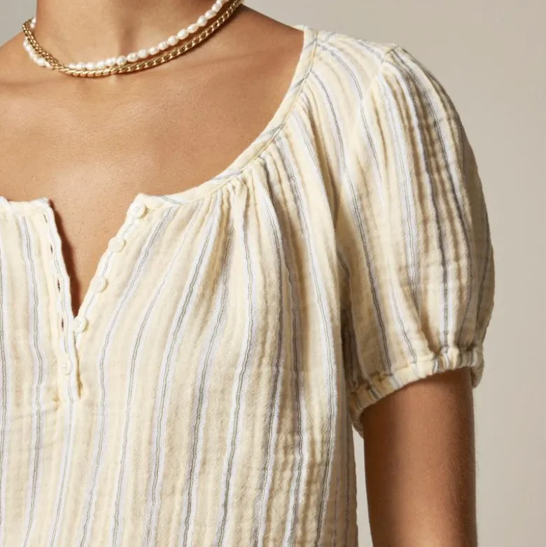 Puff-sleeve henley in striped gauze