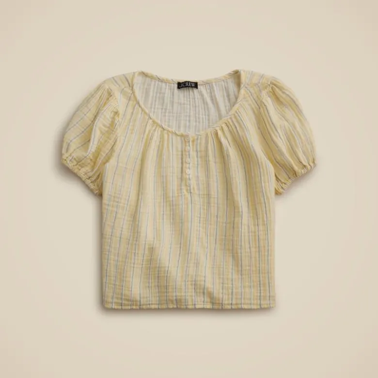 Puff-sleeve henley in striped gauze