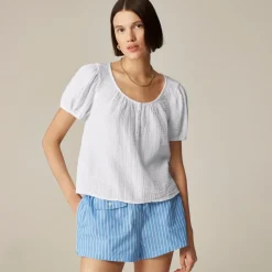 Puff-sleeve henley top in gauze