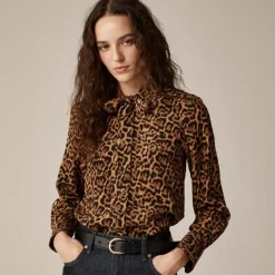 Removable tie-neck button-up shirt in leopard crepe de chine