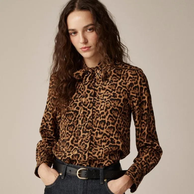 Removable tie-neck button-up shirt in leopard crepe de chine