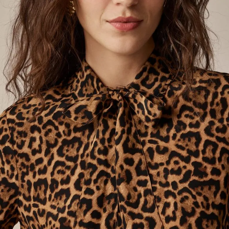 Removable tie-neck button-up shirt in leopard crepe de chine
