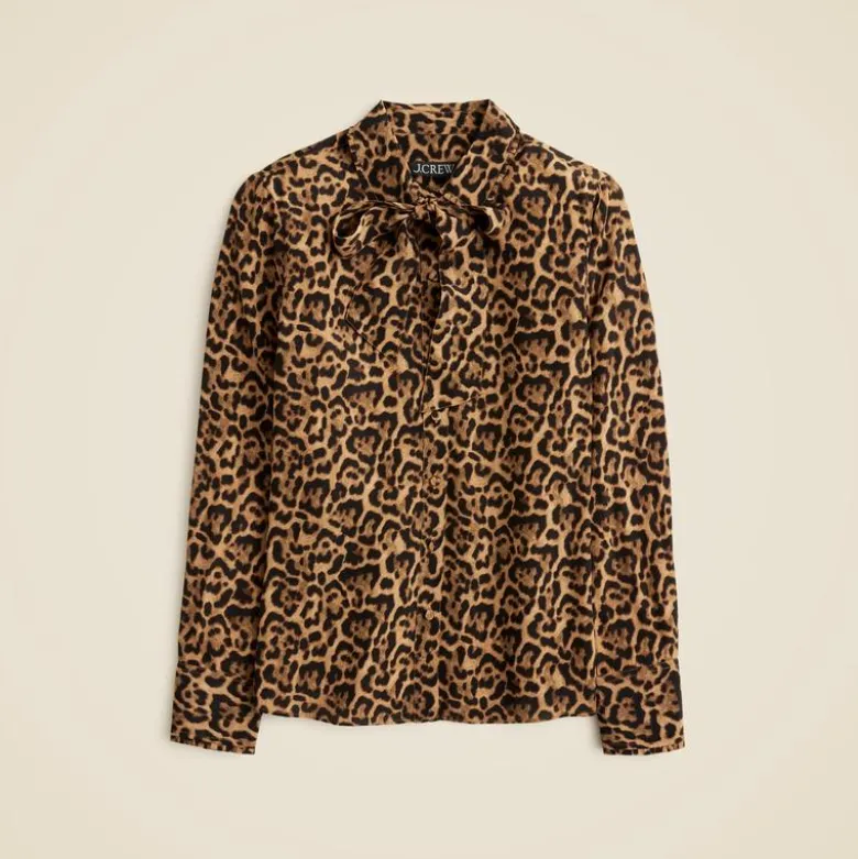 Removable tie-neck button-up shirt in leopard crepe de chine