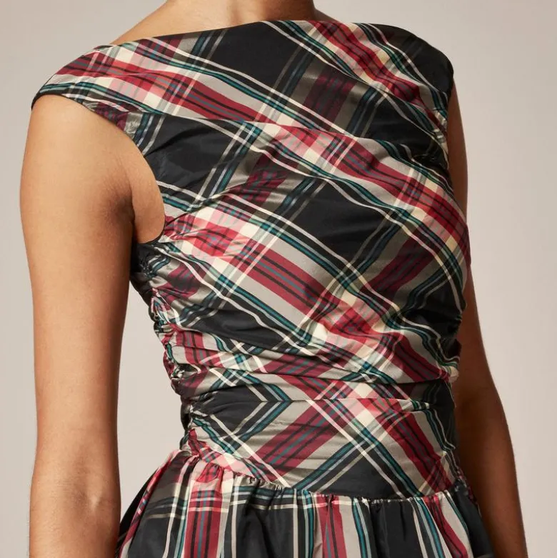 Ruched bubble-hem dress in Stewart tartan taffeta