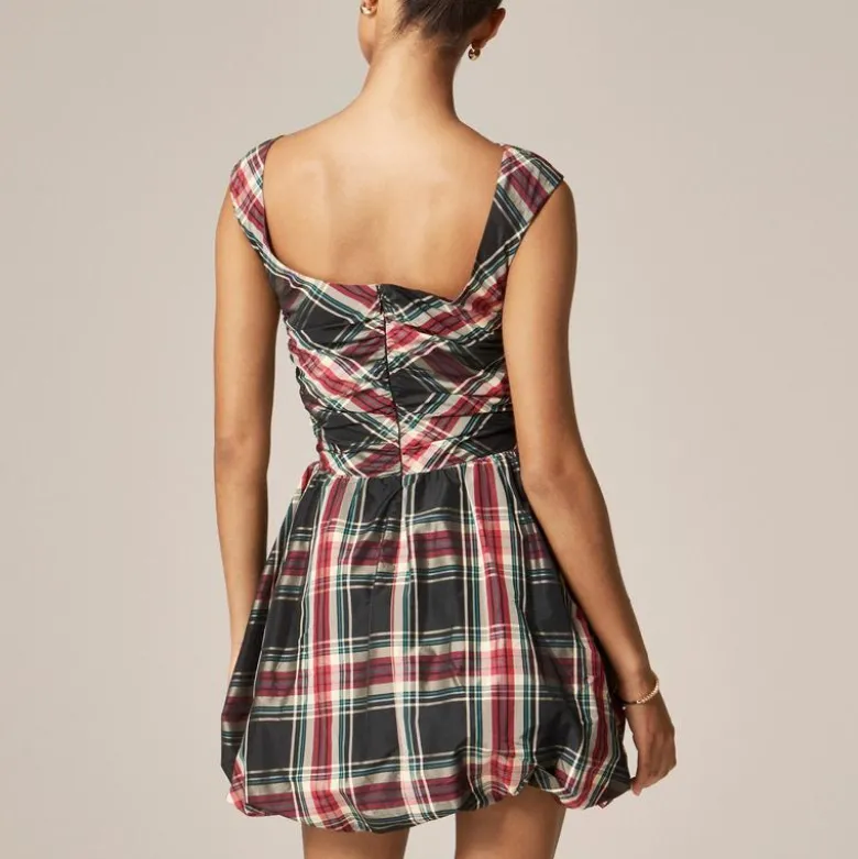 Ruched bubble-hem dress in Stewart tartan taffeta