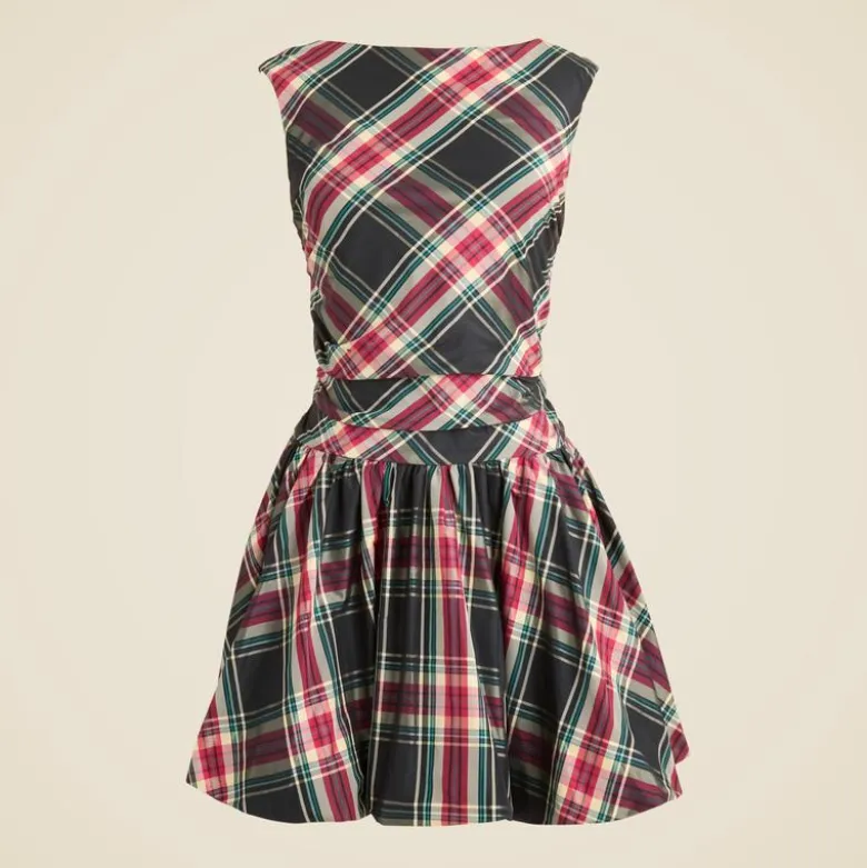 Ruched bubble-hem dress in Stewart tartan taffeta