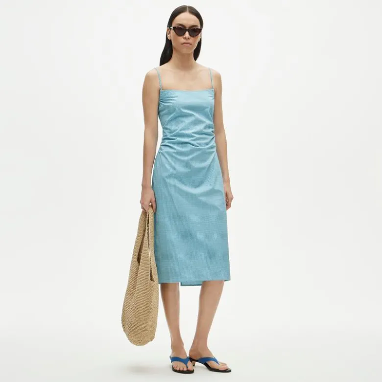 Ruched sheath dress in gingham stretch poplin