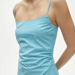 Ruched sheath dress in gingham stretch poplin