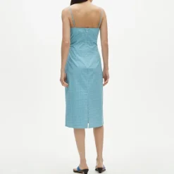 Ruched sheath dress in gingham stretch poplin