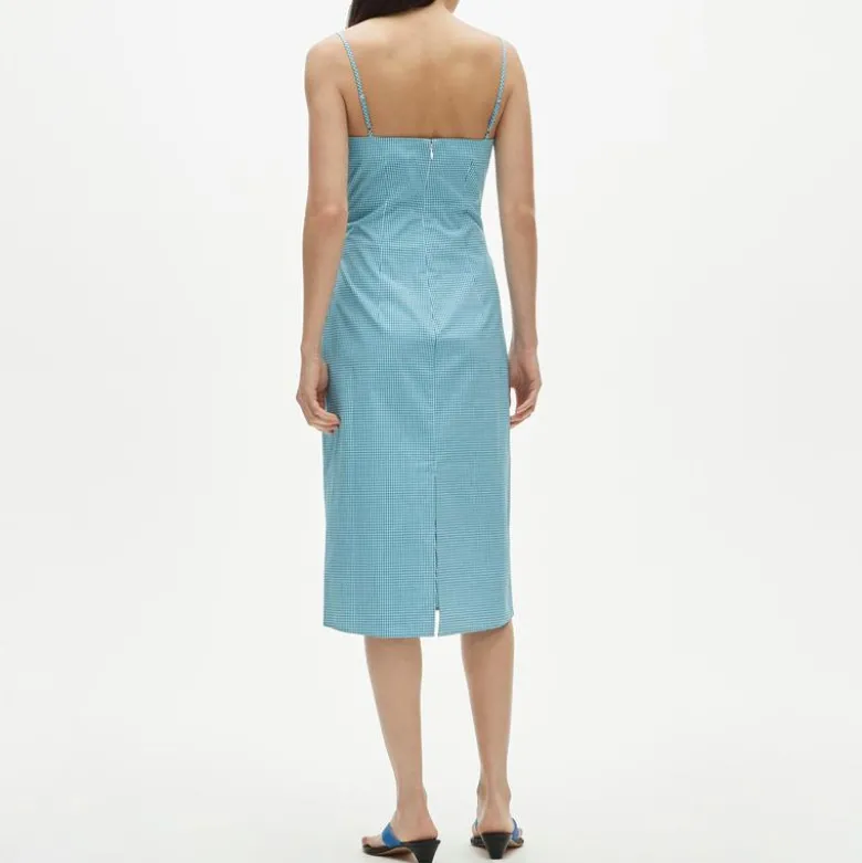 Ruched sheath dress in gingham stretch poplin