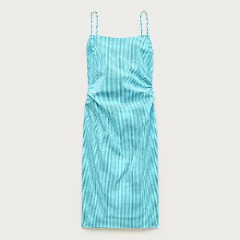 Ruched sheath dress in gingham stretch poplin