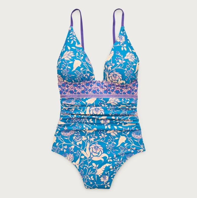 Ruched V-neck one-piece in floral print