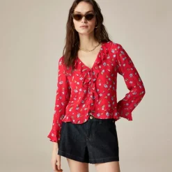 Ruffle tie-front top in chiffon