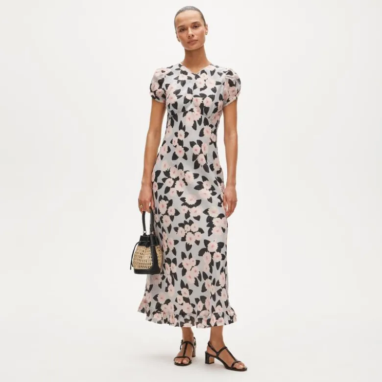 Ruffle-hem midi dress in poppy print