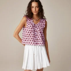 Ruffle-trim button-up top in block print