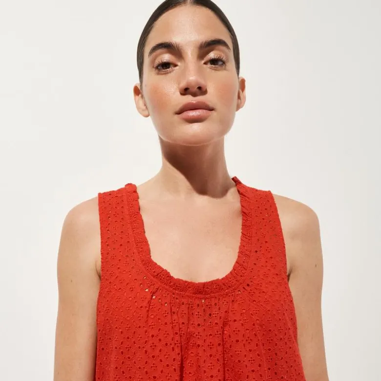 Ruffle-trim scoopneck eyelet mini dress